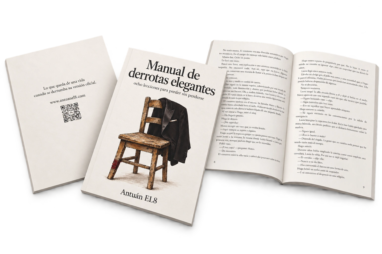 Manual de derrotas elegantes: portada, contraportada y libro abierto